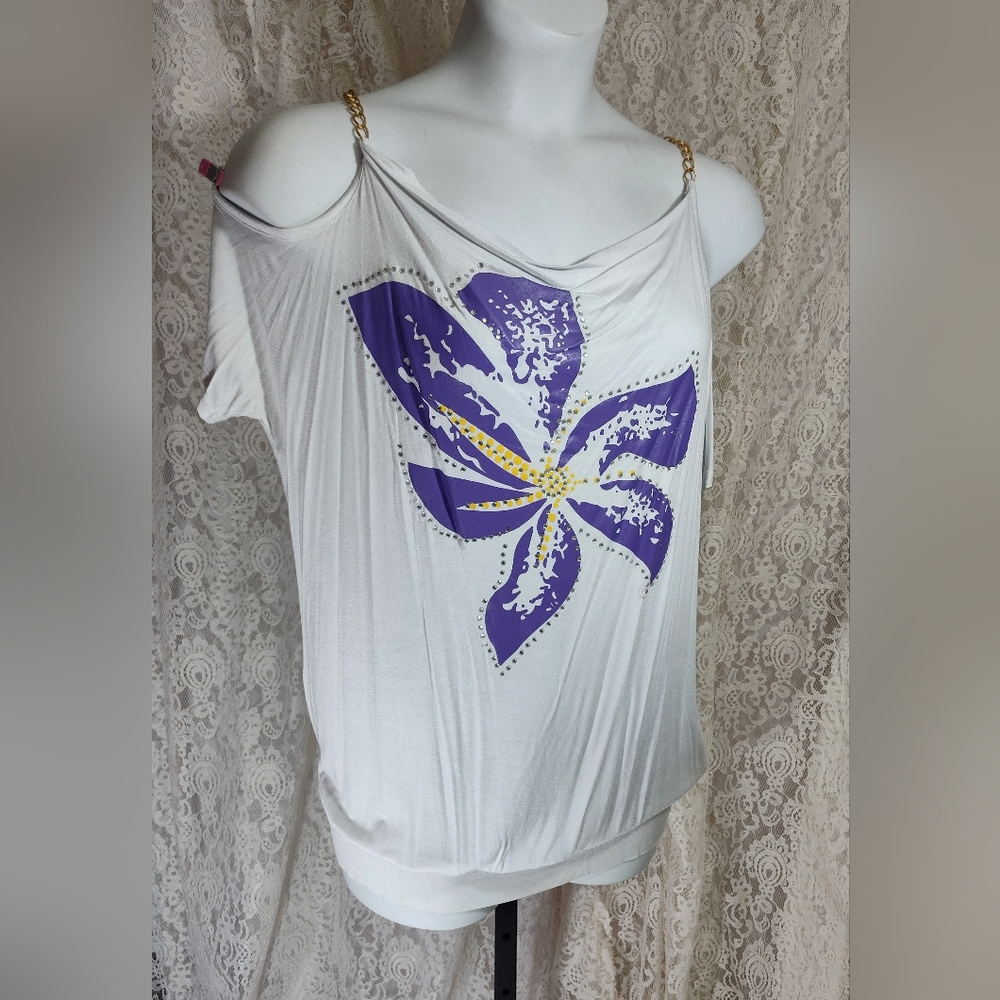 White and Purple Graphic Cold Shoulder Top Blouse Gold Chain Straps